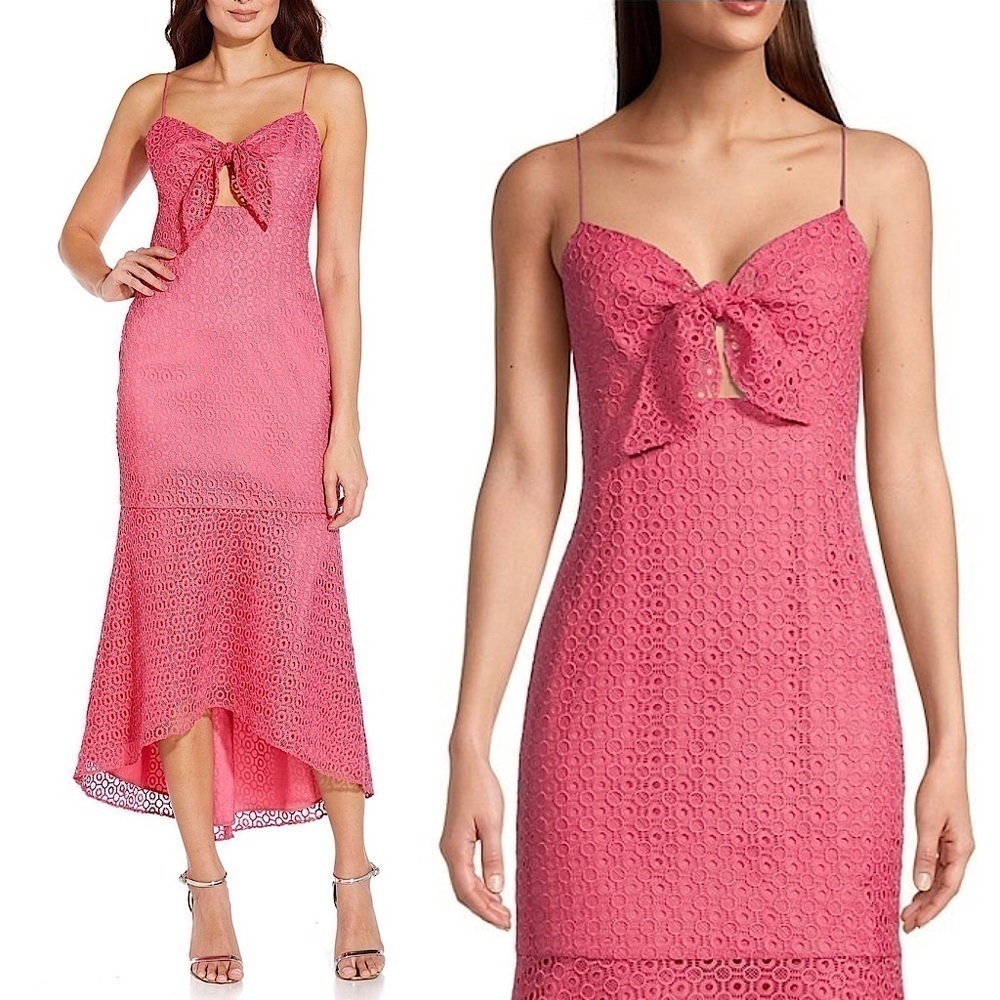 NWT AIDAN MATTOX‎ Pink Lace Sleeveless Cutout Tie Front Ruffle Hem Midi Dress 4